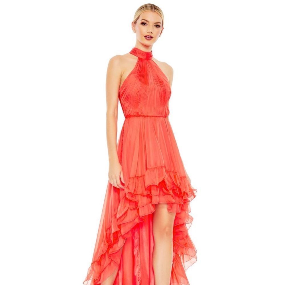 Nwt Mac Duggal 55807 Ruffle Tiered High Low Pleated Halter Neck Tangerine